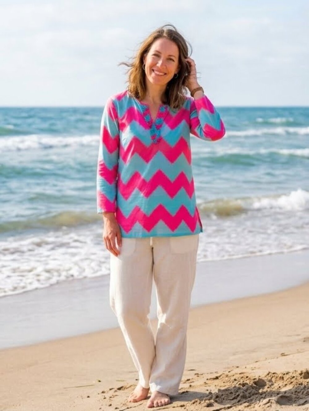 ⭐ Women's J. McLAUGHLIN Pink & Blue Tunic Top Shirt Cover-Up Size Medium M